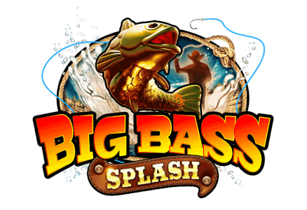 Big Bass Splash artwork with the fisherman wild character holding a fishing rod beside the bass fish logo mascot over turquoise water and a desert canyon