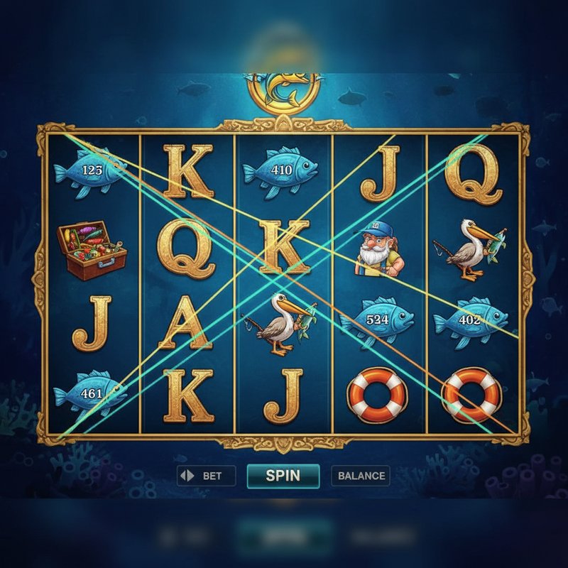 Fishin Frenzy gameplay showing active coloured paylines across five reels with card and fishing symbols
