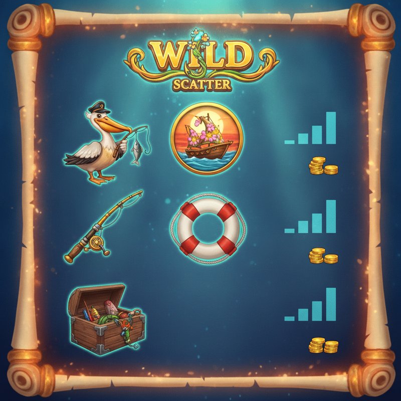 Fishin Frenzy paytable showing pelican fishing rod life preserver and tackle box symbol payouts